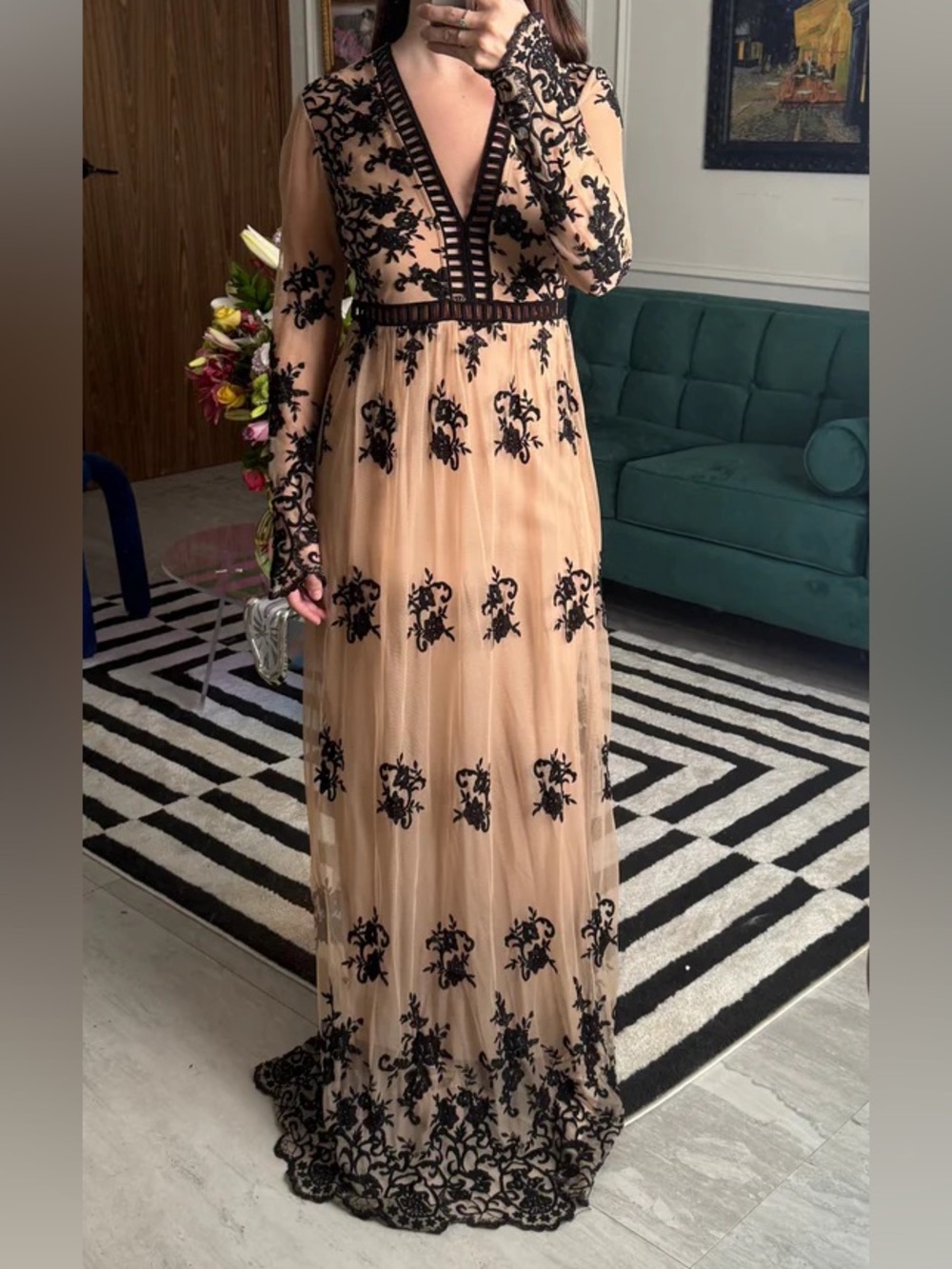 Forever 21 Nude Maxi Dress with Black Embroidered Lace